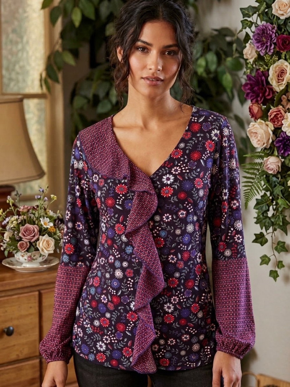 august silk Purple Floral Ruffle-Front Blouse
